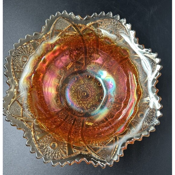 Vintage Iridescent Amber Sunflower Orange Carnival Glass Bowl Scalloped Edges - Picture 2 of 11